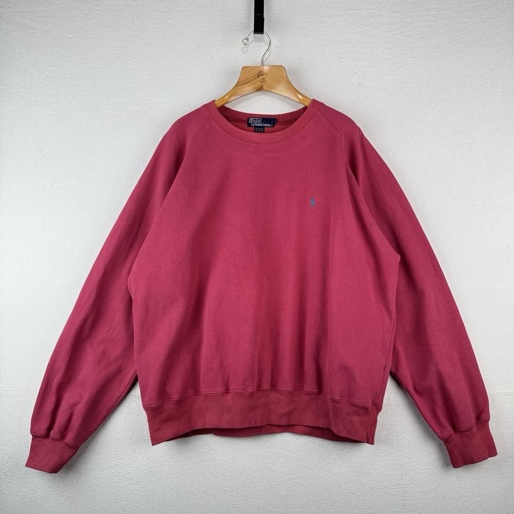 90's Vtg Polo‎ Ralph Lauren Jersey Sweatshirt Men XL Red Pink Raglan *Sunfaded